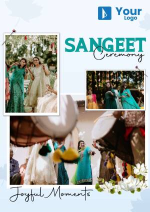 Collage of joyful moments from a Sangeet ceremony with people in traditional attire.