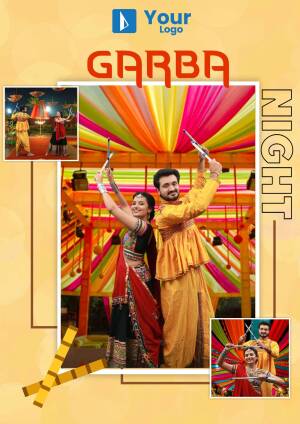 People celebrating Garba during Navratri festival with colorful decorations.