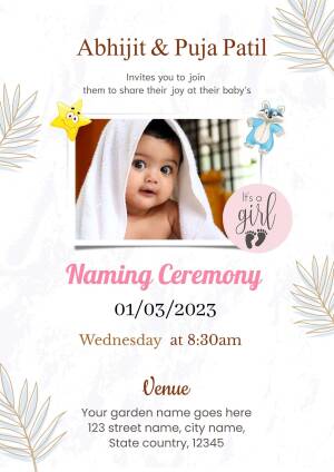 Baby girl naming ceremony invitation with a cute baby photo and floral design.