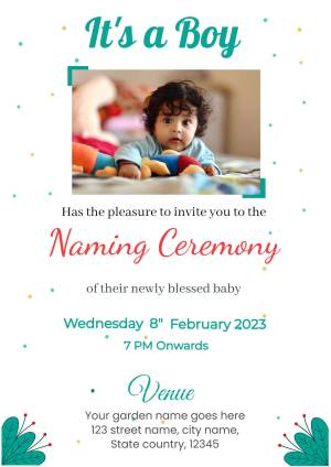 Naming ceremony invitation card with a baby photo