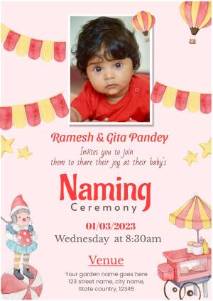 Baby Naming Ceremony Invitation with Baby Photo and Decorations
