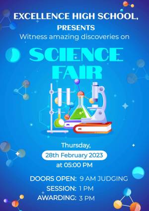 Poster advertising the Excellence High School Science Fair with science equipment and event details.