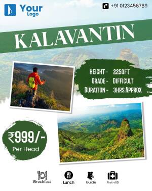 Promotional poster for Kalavantin Durg trek with scenic views and trek details.