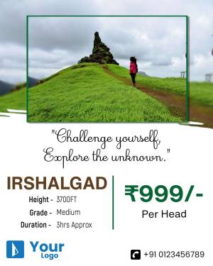A scenic view of Irshalgad fort with a person hiking towards the peak, promoting a trekking experience.