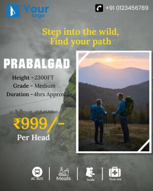 Prabal Gad Trek Advertisement with scenic mountain view and pricing details.