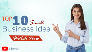 Woman pointing at text 'Top 10 Small Business Idea'