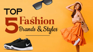 Woman with sunglasses, hat, and fashion items promoting top fashion brands