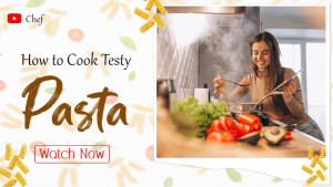 Woman cooking pasta in a kitchen with fresh ingredients