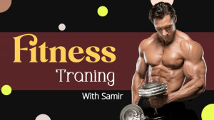 Muscular man lifting weights with fitness training text overlay