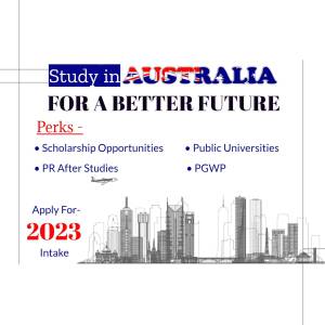 Image promoting study opportunities in Australia for the 2023 intake, highlighting perks like scholarships and post-study work opportunities.
