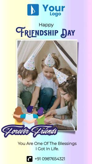 Friendship Day card with children playing in a fort and text 'Happy Friendship Day'