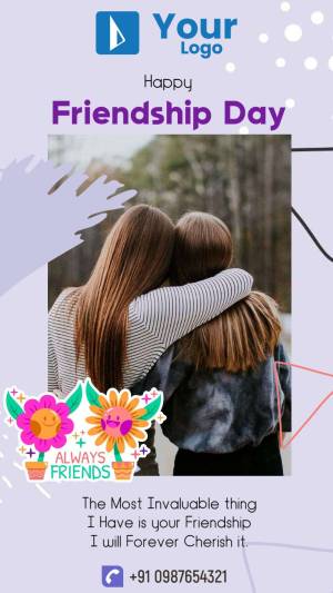 Friendship Day graphic with two women hugging and floral decorations.