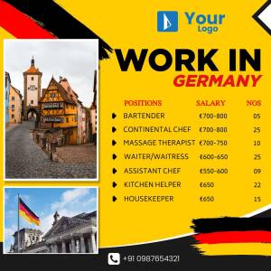 Job advertisement for positions in Germany, featuring images of German landmarks and a list of available roles.