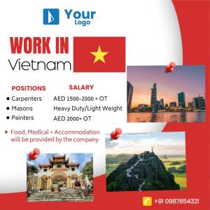 Job advertisement for carpenters, masons, painters and food/medical staff in Vietnam.