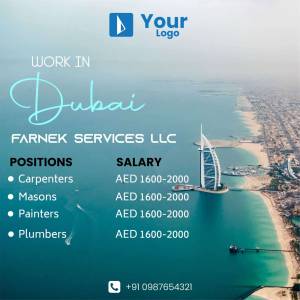 Job advertisement for Carpenters, Masons, Painters, and Plumbers in Dubai by Farnak Services LLC.