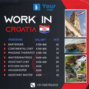Job advertisement for positions in Croatia including bartender, chef, massage therapist, and more.