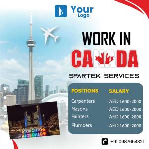 Advertisement for work opportunities in Canada with Spartek Services, featuring the CN Tower and job listings.