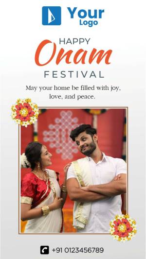 Onam festival greeting with a couple in traditional attire