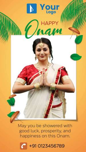 Onam festival greeting with a woman in traditional Kerala saree and floral decorations.
