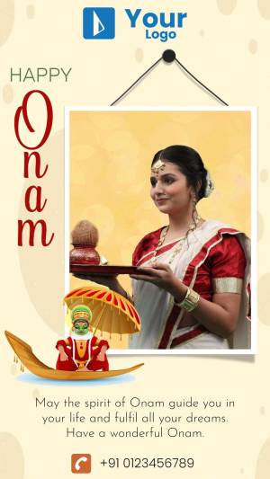 Onam celebration image with a woman in traditional attire and festive decorations.