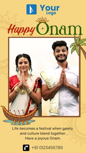 Onam festival greeting with a couple in traditional attire