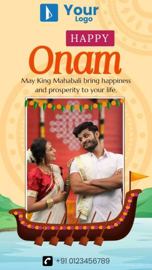 Onam festival greeting with a couple in traditional attire and a boat design.