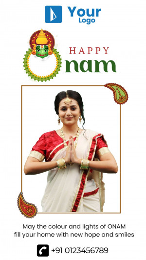 Onam celebration with a woman in traditional Kerala saree and floral decorations.