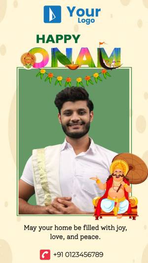 Onam festival greeting with a man in traditional attire and festive decorations.