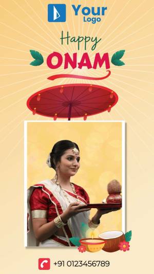 Onam festival greeting with a woman in traditional attire and a red umbrella.
