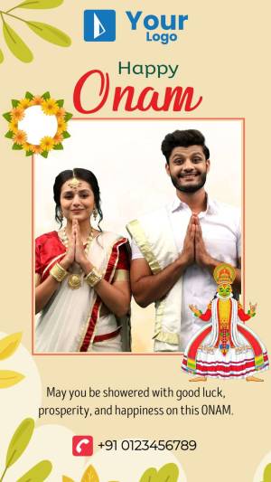 Onam celebration with a couple in traditional attire and festive decorations