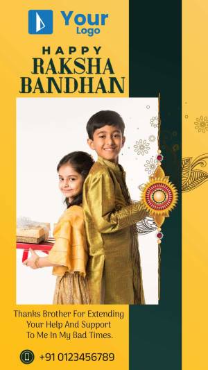 Raksha Bandhan image featuring a brother and sister with Rakhi and sweets