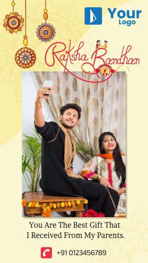 A couple celebrating Raksha Bandhan, taking a selfie with Rakhi decorations.