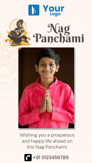 A boy in traditional attire with folded hands wishing a happy Nag Panchami.