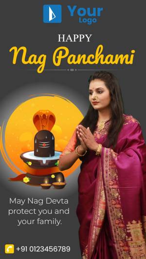 Nag Panchami greeting with a woman praying to a snake and Shiva Lingam