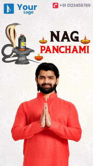 Nag Panchami festival greeting with a man in traditional attire and a snake with Shiva Lingam