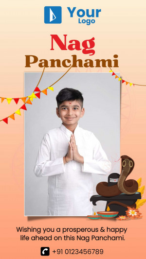 A boy in traditional attire celebrating Nag Panchami with decorations and a snake idol.