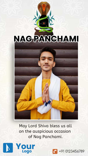 Image of a young man with folded hands in front of a Nag Panchami themed background with Lord Shiva and a cobra.