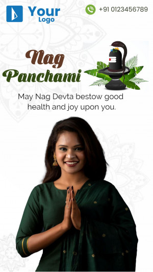 Image of a woman with folded hands and a Nag Panchami themed background with a Shiva Lingam and snake.