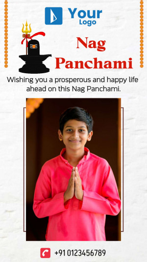 Nag Panchami greeting card with a boy in traditional attire and a Shiva Linga