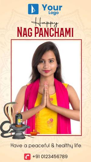Image of a woman in traditional attire with a snake and Shiva Lingam, wishing Happy Nag Panchami.