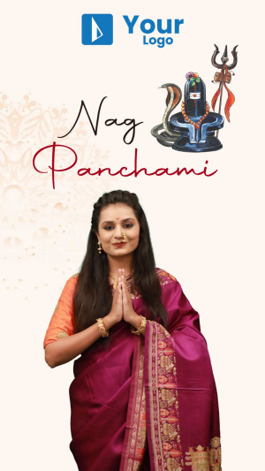 Woman in traditional attire celebrating Nag Panchami with a Shiva idol and snake image.