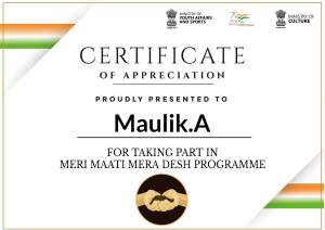 Certificate of Appreciation from Ministry of Youth Affairs and Sports, Government of India for participation in Meri Maati Mera Desh Programme