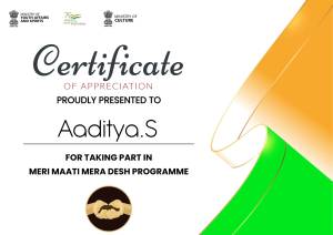 Certificate of Appreciation for Aaditya.S in Meri Maati Mera Desh Programme