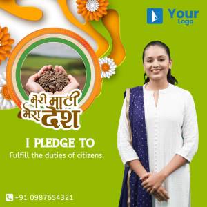 Image of a woman with soil in hands and Indian flag colors, promoting the Meri Maati Mera Desh campaign.