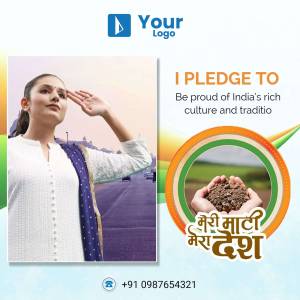 Woman saluting with Indian flag colors and 'Meri Maati Mera Desh' campaign imagery