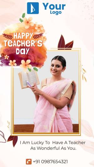 Image of a teacher with floral decorations and a 'Happy Teacher's Day' message.