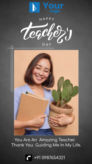 Image of a smiling female teacher holding a plant and notebook with 'Happy Teacher's Day' text.