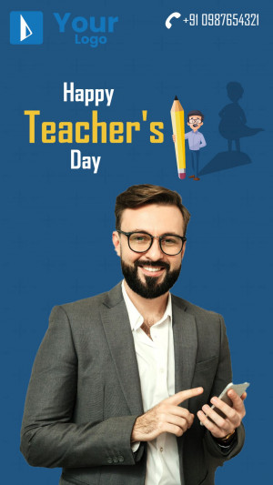 A man with a beard in a suit pointing at a phone with a Teacher's Day graphic.