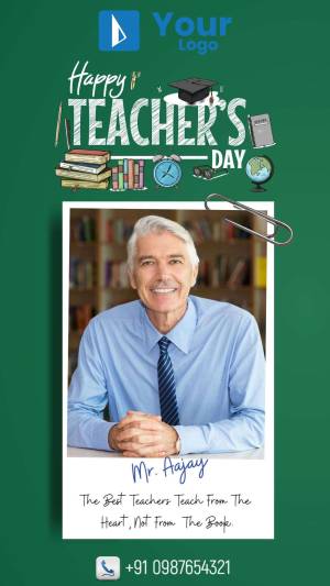Teacher's Day greeting card featuring a portrait of Mr. Ajay and school supplies.