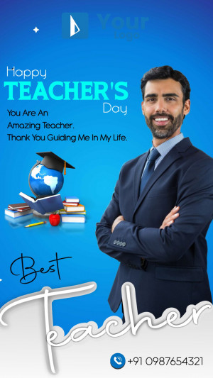 Teacher's Day greeting with a smiling teacher and educational elements.